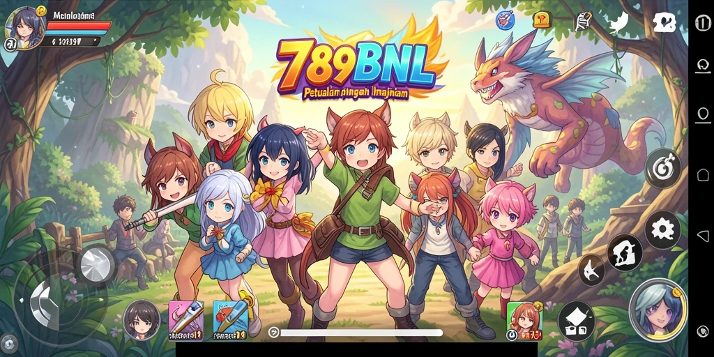 Tampilan gameplay 789BNL menampilkan karakter anime yang beraksi di dunia yang indah.