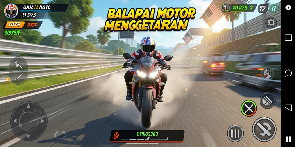 Screenshot D73 menampilkan suasana balapan motor yang mendebarkan.