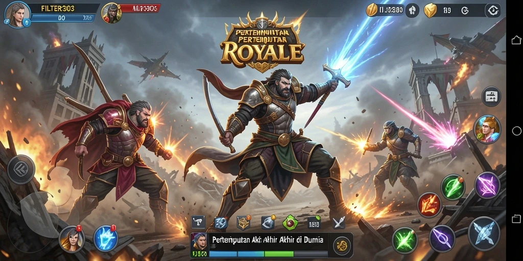 Tangkapan layar utama FILTER303 menunjukkan aksi Battle Royale yang mendebarkan.