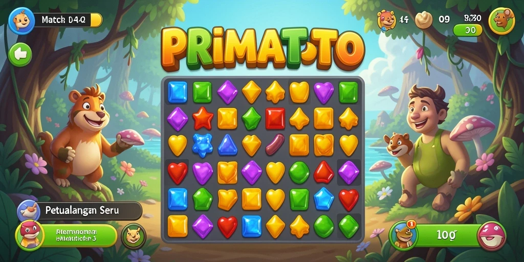 Tampilan menarik dari gameplay Match-3 PRIMATOTO yang penuh warna.